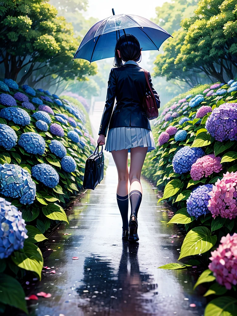 Highest quality,Highest Resolution,rainy season,A road lined with hydrangeas,High school girl walking with an umbrella,