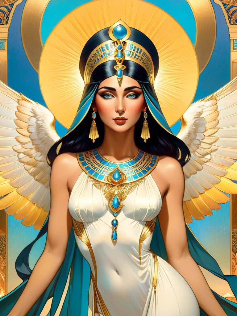 beautiful goddess isis, egyptian goddess, alphonse mucha style, detailed crown, queenie gesture, ornate headdress, flowing robes, golden skin, piercing eyes, intricate details, ethereal lighting, dreamlike atmosphere, vibrant colors, dramatic pose, masterpiece, 8k, ultra-detailed, photorealistic, cinematic, glowing aura