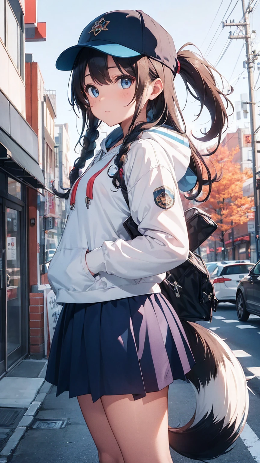 1girl, age, (animal ears), straight-on, full body, looking at viewer, hair between eyes, hair ornament, multicolored hair, twin braids, fox tail, (multiple tails:1.3), badge, bangs, (blue baseball cap:1.2), clothes writing, white clothes, hood, hood down, standing, long sleeves, closed mouth, (blue skirt:1.05), solo, (light blush:0.9), bare tree, building, city, cityscape, day, outdoors, street, tokyo (city), tree
