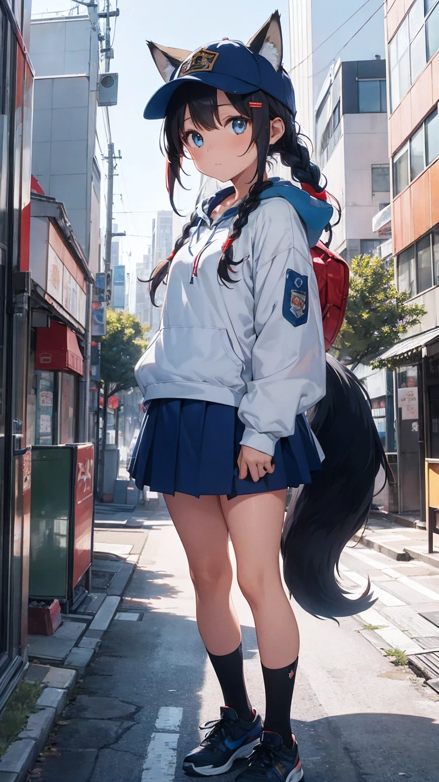 1girl, teenage, (animal ears), straight-on, full body, looking at viewer, hair between eyes, hair ornament, multicolored hair, twin braids, fox tail, (multiple tails:1.3), badge, bangs, (blue baseball cap:1.2), clothes writing, white clothes, hood, hood down, standing, long sleeves, closed mouth, (blue skirt:1.05), solo, (light blush:0.9), bare tree, building, city, cityscape, day, outdoors, street, tokyo (city), tree
