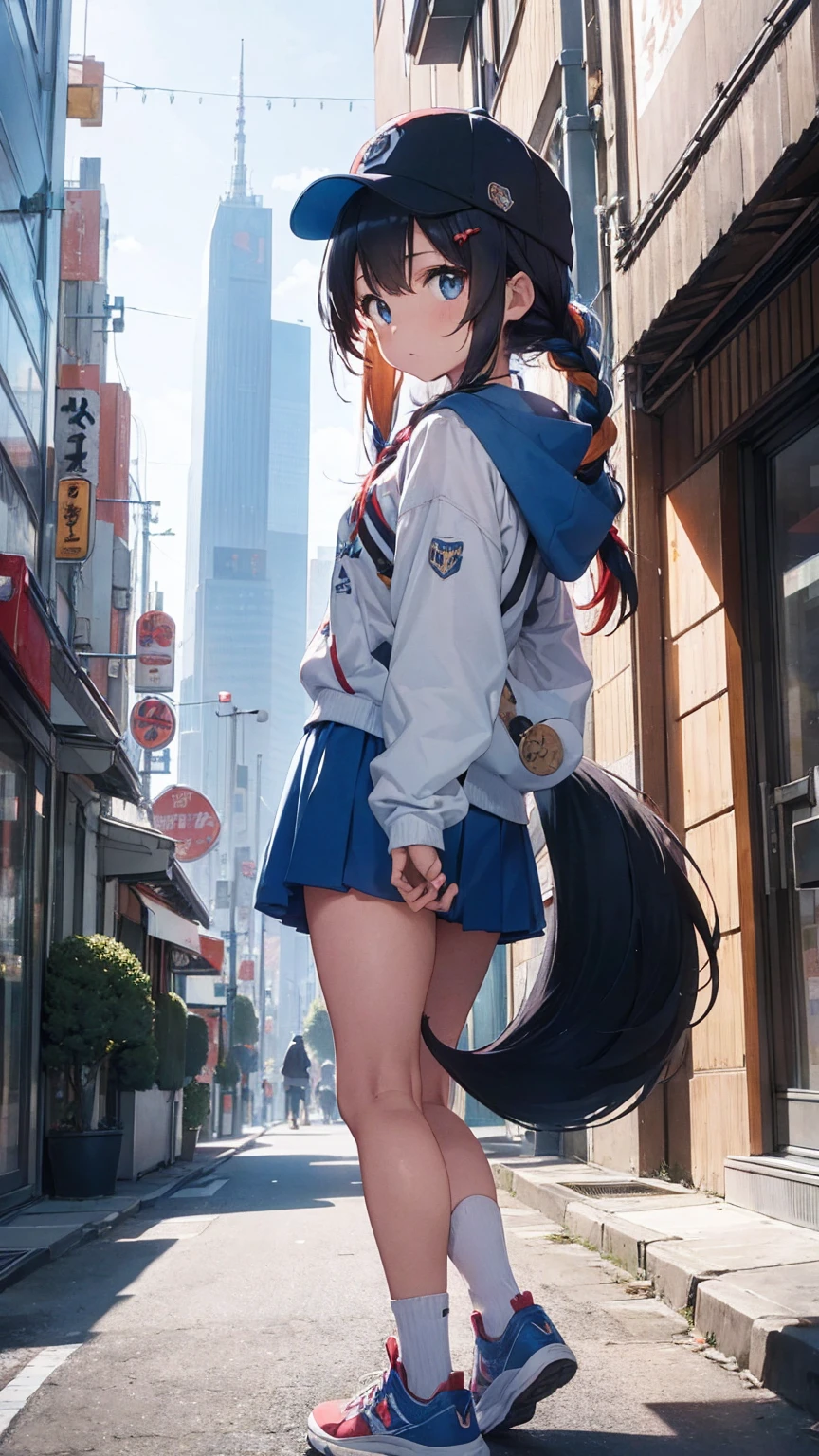1girl, teenage, (animal ears), straight-on, full body, looking at viewer, hair between eyes, hair ornament, multicolored hair, twin braids, fox tail, (multiple tails:1.3), badge, bangs, (blue baseball cap:1.2), clothes writing, white clothes, hood, hood down, standing, long sleeves, closed mouth, (blue skirt:1.05), solo, (light blush:0.9), bare tree, building, city, cityscape, day, outdoors,  street, tokyo (city), tree