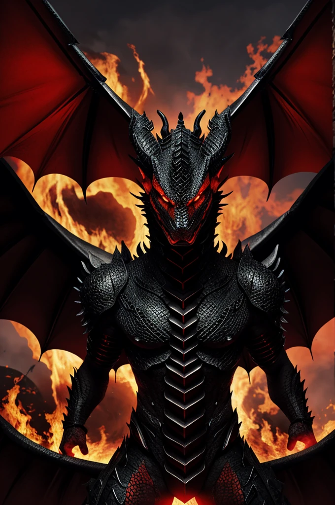 Black dragon with red, with three heads and a threatening look
, his eyes very red 