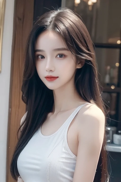 ((Best quality, 8k, Masterpiece :1.3)), 1girl, beautiful woman with emphasis on slim abs: 1.3, (long hair: 1.2), tank top: 1.2, ultra-delicate face, delicate eyes, double eyelids, smile, seaside, random color clothes