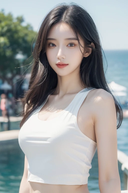 ((Best quality, 8k, Masterpiece :1.3)), 1girl, beautiful woman with emphasis on slim abs: 1.3, (long hair: 1.2), tank top: 1.2, ultra-delicate face, delicate eyes, double eyelids, smile, seaside, random color clothes