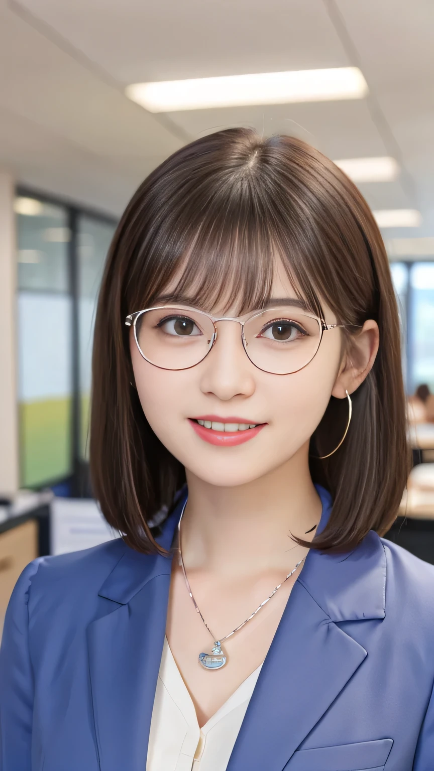 Highest quality:1.2), RAW Photos, High resolution, Very detailed, Intricate details, short hair、ear piercing、smile、Emphasis on teeth、Glasses、Light brown hair、 (Front view, ), Clear beauty,  Upper Body, (High quality fabric, Office Lady Suit  Necklace around the neck、  indoor,
