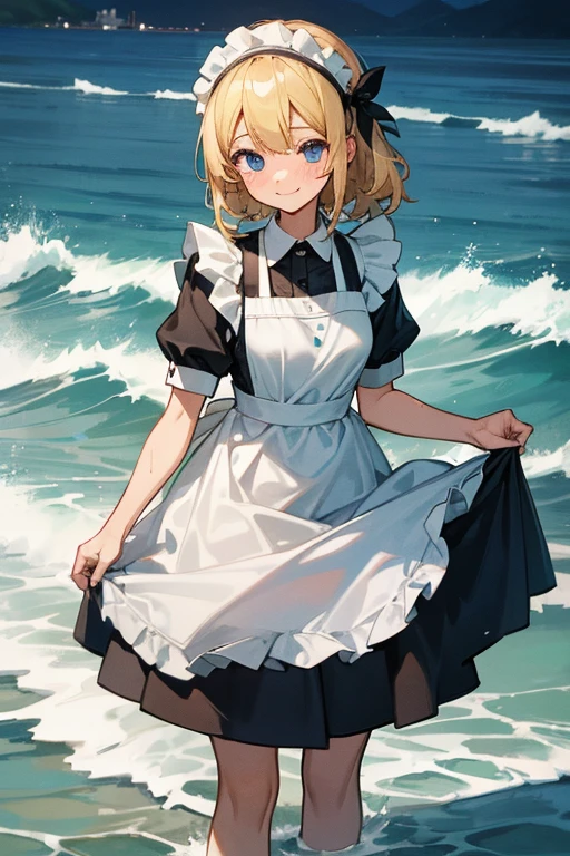 ((high resolution)), Maid clothes, White apron, Headband, 白と黒のMaid clothes, (Fashionable clothes)
Ocean, Waveうち, Wave, water, water遊び, ((Even my clothes are wet 1.1))
服もwaterに浸かっている
かわいい, smile, Blonde, Blue Eyes, Soaking wet
