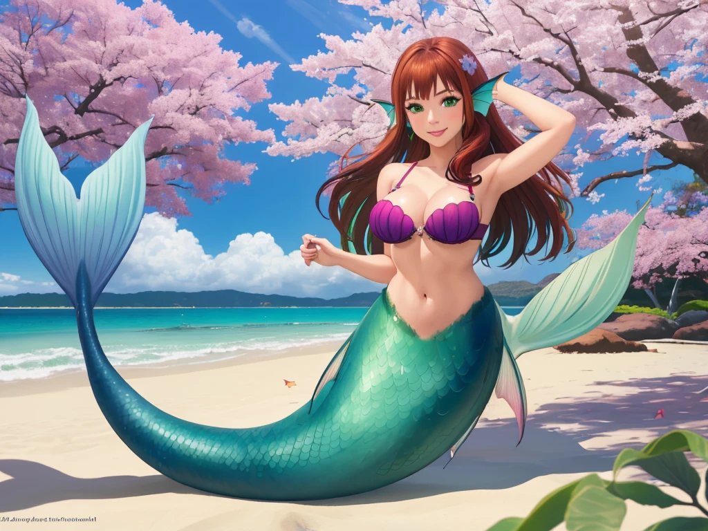 masterpiece, best quality:1.2), 1girl, smile, looking at viewer, green eyes, short brown multicolored hair, mermaid, mermaid girl, wearing purple seashell bra, laying on beach, colorful mermaid tail, outdoors, head fins, fin ears, under cherry blossoms