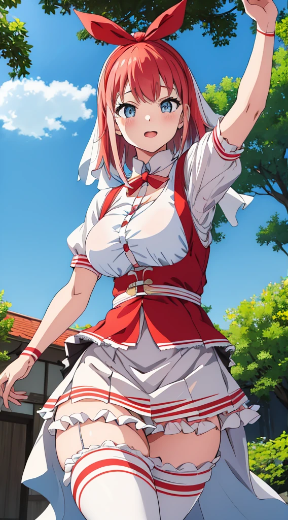 Skirt tucked up、White underwear、In underwear、Panties in full view、White panties、Blue Stripes々Large bra 1, 1girl, asahina mikuru, long hair, kita high , 独奏,  short sleeves, red ribbon, large breasts, cowboy shot, waving, outdoors, leaning forward,Underwear in full view