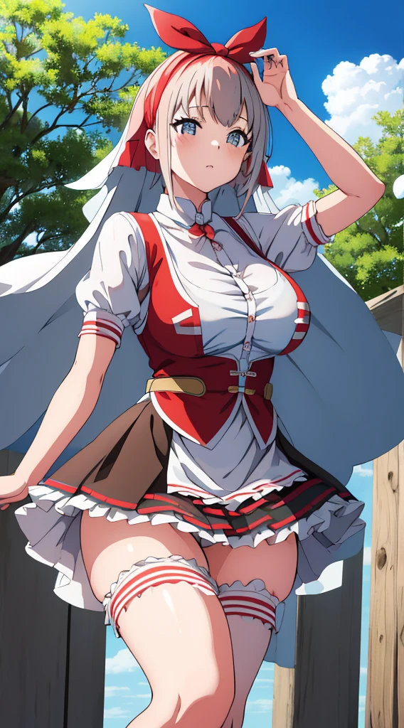 Skirt tucked up、White underwear、In underwear、Panties in full view、White panties、Blue Stripes々Large bra 1, 1girl, asahina mikuru, long hair, kita high , 独奏, short sleeves, red ribbon, large breasts, cowboy shot, waving, outdoors, leaning forward,Underwear in full view