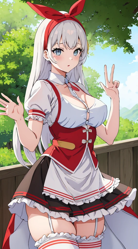 Skirt tucked up、White underwear、In underwear、Panties in full view、White panties、Blue Stripes々Large bra 1, 1girl, asahina mikuru, long hair, kita high , 独奏,  short sleeves, red ribbon, large breasts, cowboy shot, waving, outdoors, leaning forward,Underwear in full view