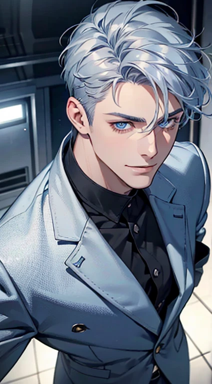 a mature man with short grey blue hair, blue eyes, 31 years, and a perfect face, smiling in love, CEO, cinematic lighting, 1:4 HDR image, top view, ultra detailed, best quality, masterpiece, 8K, photorealistic, beautiful image