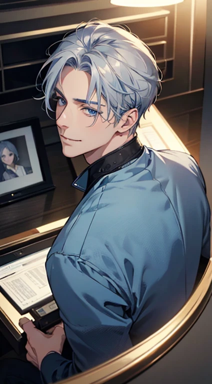 a mature man with short grey blue hair, blue eyes, 31 years, and a perfect face, smiling in love, CEO, cinematic lighting, 1:4 HDR image, top view, ultra detailed, best quality, masterpiece, 8K, photorealistic, beautiful image
