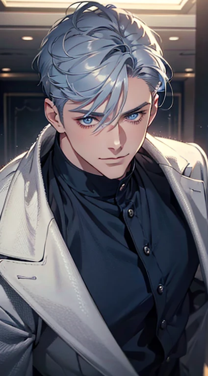 a mature man with short grey blue hair, blue eyes, 31 years, and a perfect face, smiling in love, CEO, cinematic lighting, 1:4 HDR image, top view, ultra detailed, best quality, masterpiece, 8K, photorealistic, beautiful image
