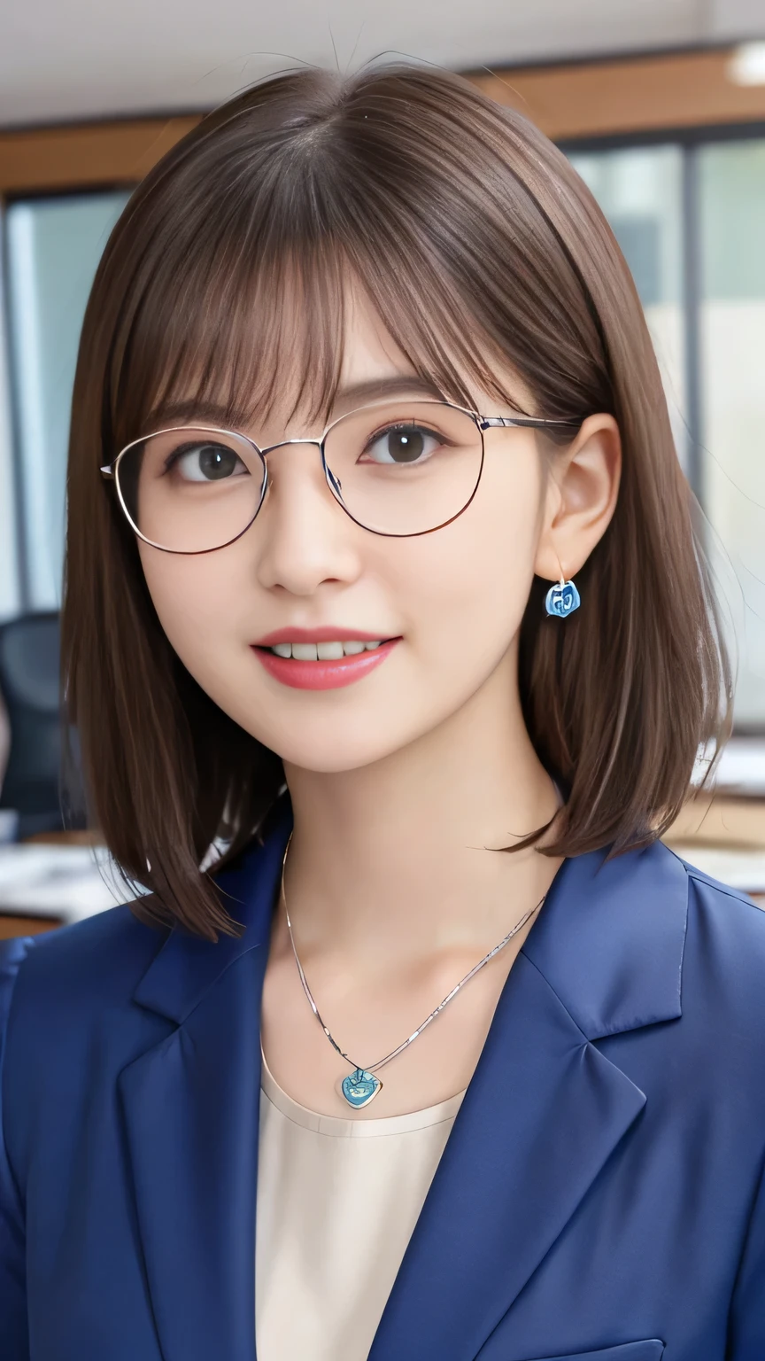 Highest quality:1.2), RAW Photos, High resolution, Very detailed, Intricate details, short hair、ear piercing、smile、Emphasis on teeth、Glasses、Light brown hair、 (Front view, ), Clear beauty, Upper Body, (High quality fabric, Office Lady Suit Necklace around the neck、 indoor,