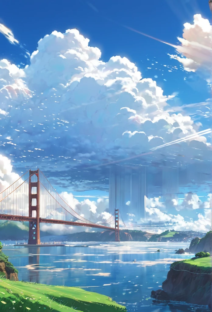 an instagram photo of clouds and the golden gate bridge in San Francisco, California, anime clouds, beautifull puffy clouds. anime, beautiful anime scenery, anime landscape, anime scenery, anime landscape wallpaper, anime sky, hyper realistic clouds, by makoto shinkai, by Makoto Shinkai, beautiful anime scene, beautiful anime artwork, in style of makoto shinkai, beautiful anime art, anime background art, ( ( makoto shinkai ) ), giant clouds, clean anime art, anime scenery concept art, ross tran. scenic background

