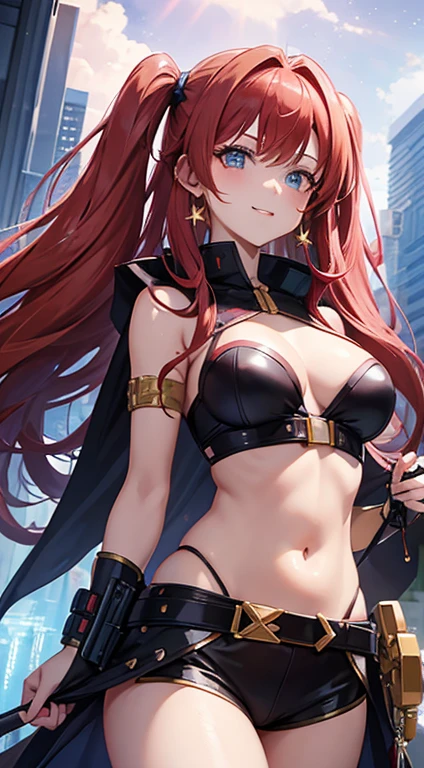 saturated red hair, Princess Hair, very long twintails, large full breasts, Glossy skin, Pink lips, Peach-colored cheeks, Blue eyes, Golden earrings, Shining starry sky, Rin々Shishi Face, A slight smil, hand-held weapons, cyberpunked, Navel is visible, I can see my stomach, thick belt to decorate pants, Facing up