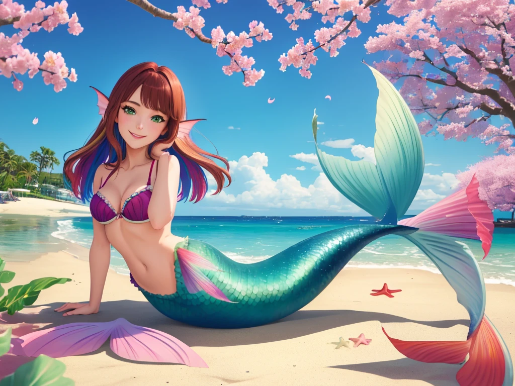 masterpiece, best quality:1.2), 1girl, smile, looking at viewer, green eyes, short brown multicolored hair, mermaid, mermaid girl, wearing purple seashell bra, laying on beach, colorful mermaid tail, outdoors, head fins, fin ears, under cherry blossoms