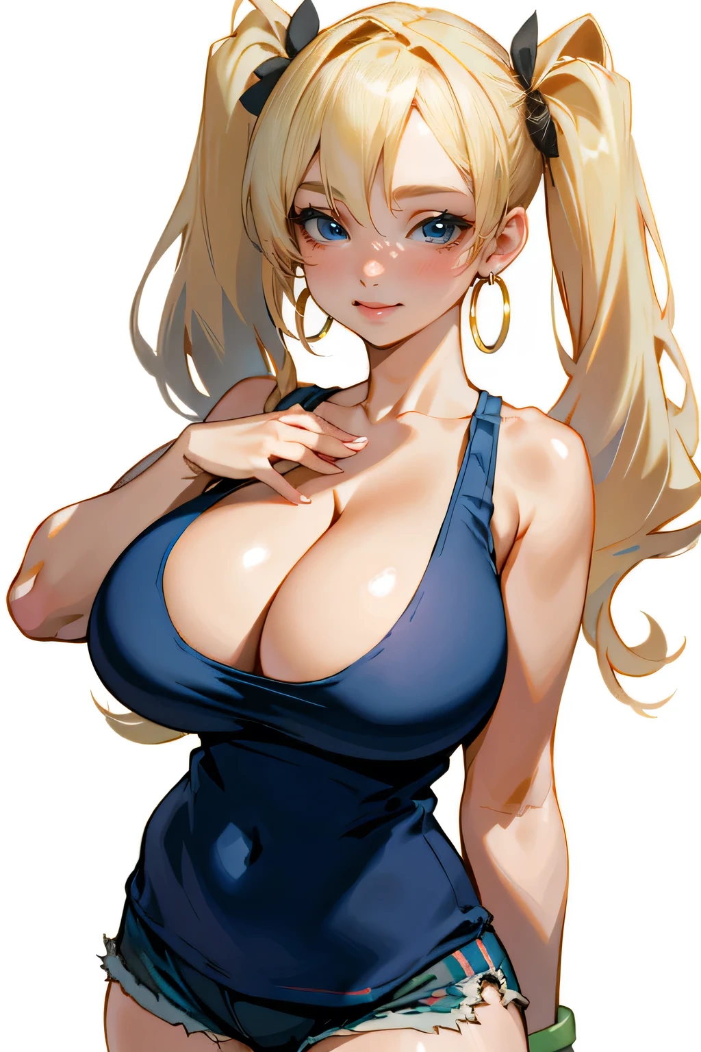 masterpiece, (Realistic:1.4), One girl, alone, (Huge breasts:1. 5), (Big cleavage:1.5), Dark blush, (Tank top, Short shorts:1. 3), smile, Blonde twin tails, Long twin tails, big hoop earrings