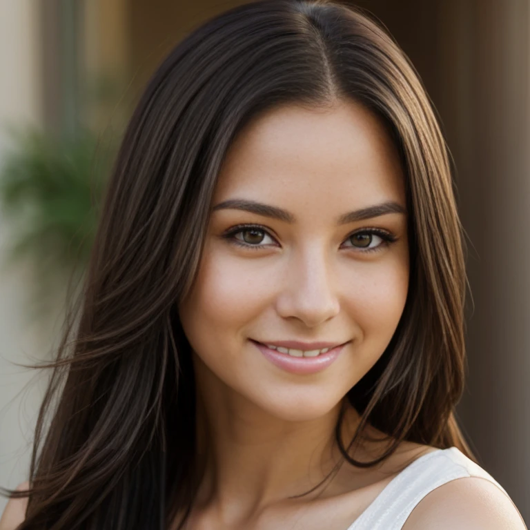 color portrait, Beautiful 30 year old woman, dark hair, long hair, straight hair, White skin, clear brown eyes, staring at the camera, smiling.