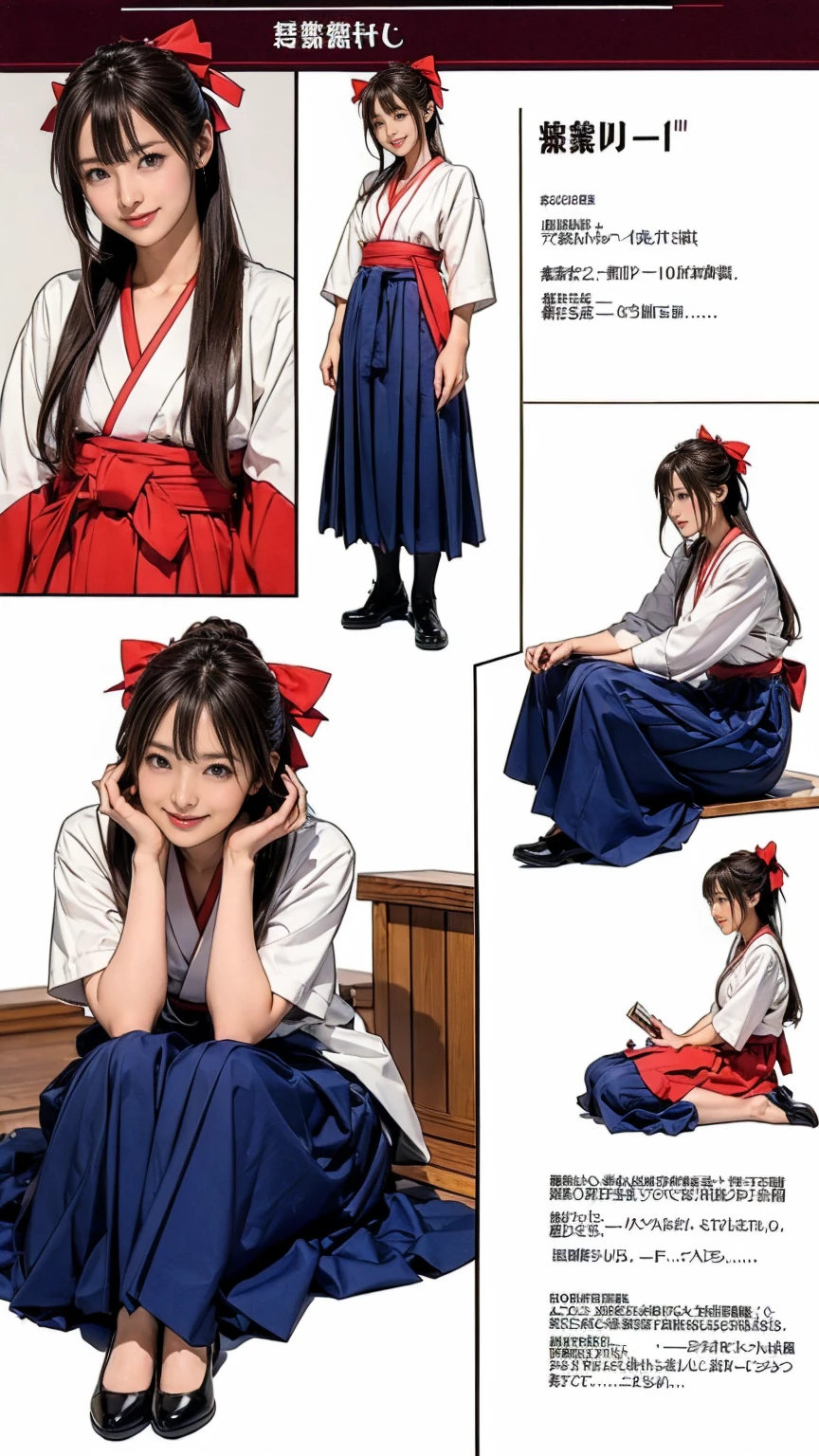 ((masterpiece)),(((Highest quality))),((Character design sheet)),Thin thighs,Long legs, One girl, Honoka, Shrine maiden, Hakama skirt, Sitting, shrine, smile