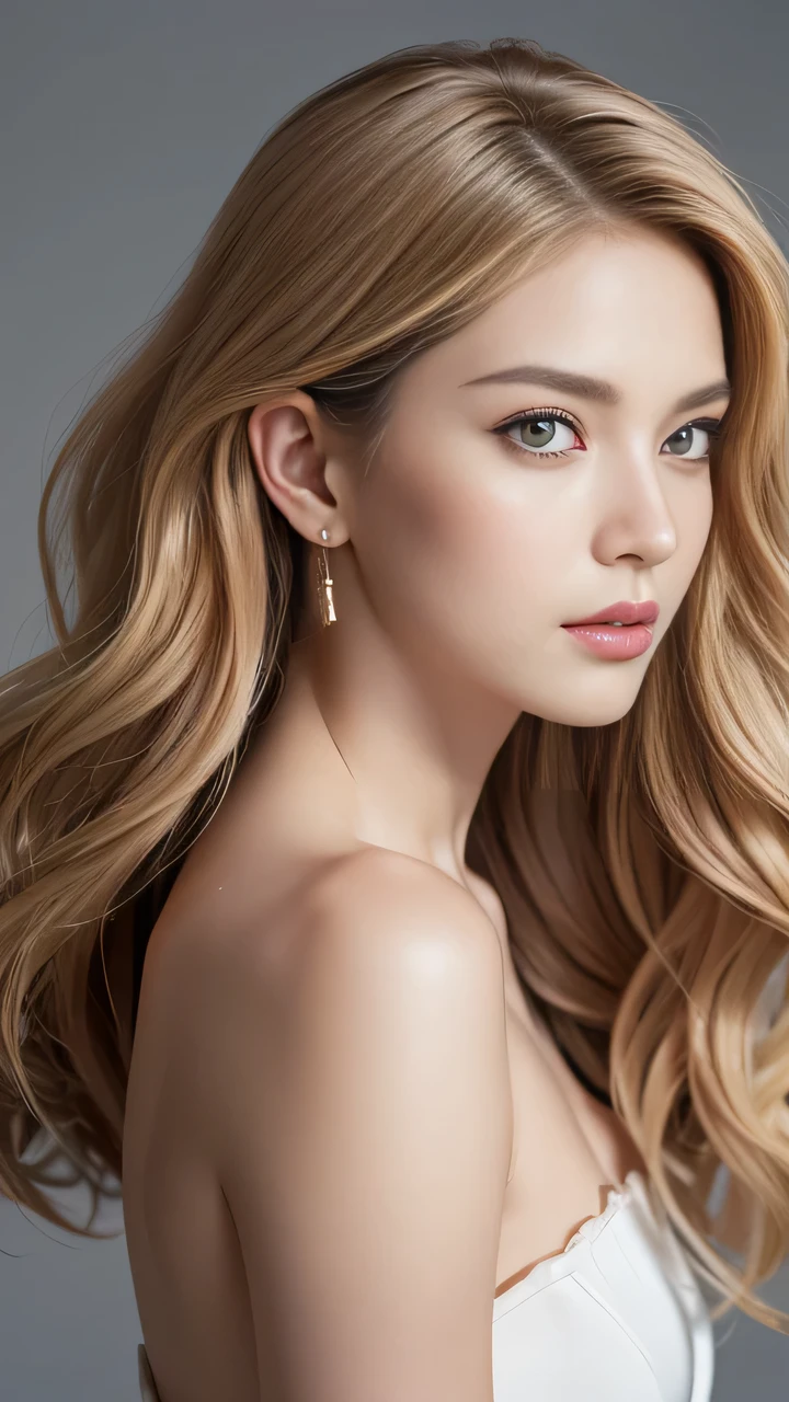 Realistic 16K quality: (((Ultra-high resolution, ridiculous detail quality), realistic Eye, Clear and sharp, Absurd quality, no blurs (perfect round brown_Eye:1.2))), ([long(eyelash)|perfect(Eyehadows)]:[blue|pink]), (Very detailed, Nice little nose:1.2), (perfect composition), Depth of Field, light, lens flare, (Extremely beautiful face, Beautiful lips , Beautiful Eye), (Woman with smooth skin:1.33), ((best high quality real texture hair)), (short blonde, (Wavy, Combing it up, behind ear), Extremely detailed:1.3)), most beautiful artwork photo in the world, Professional Majestic (photography：Steve McCurry), 8k Ultra HD, digital SLR camera, Soft light, high quality, Fuji XT3 Clear focus, f 5.6, dramatic, (Anatomically correct perfect proportions), ((perfect hands:1.2)), (Super beautiful face: 1.33), ((perfect female body:1.4)),