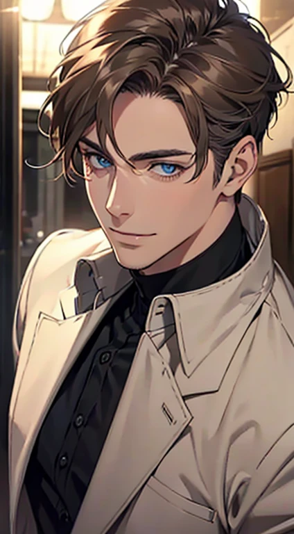 a mature man with short grey Brown hair, blue eyes, 31 years, and a perfect face, smiling in love, CEO, cinematic lighting, 1:4 HDR image, top view, ultra detailed, best quality, masterpiece, 8K, photorealistic, beautiful image