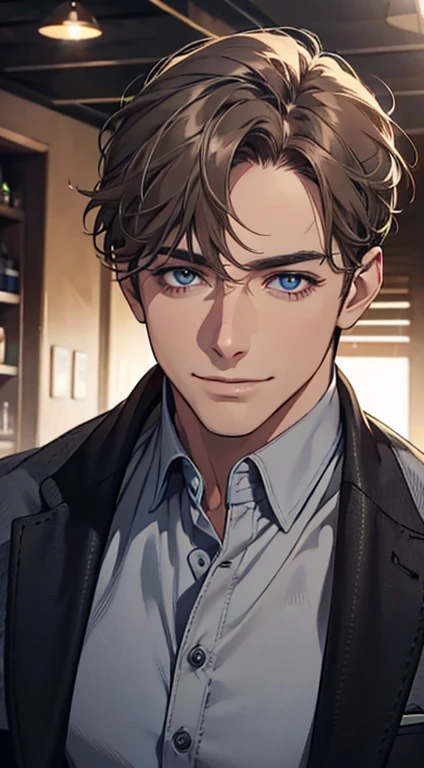 a mature man with short grey Brown hair, blue eyes, 31 years, and a perfect face, smiling in love, CEO, cinematic lighting, 1:4 HDR image, top view, ultra detailed, best quality, masterpiece, 8K, photorealistic, beautiful image