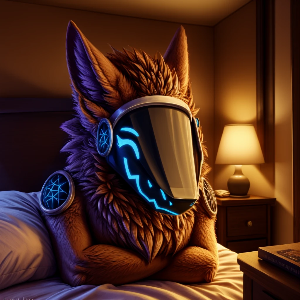 a sleeping protogen facing away from the viewer, their helmet on the nightstand, highly detailed, photorealistic, cinematic lighting, beautiful colors, intricate details, masterpiece