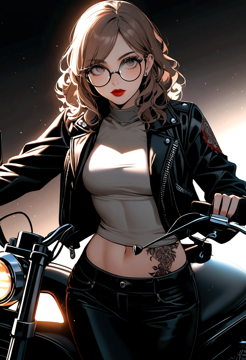 Girl with short wavy hair and bangs wearing round glasses , test light brunette with red lips, biker jacket, top and tattoo on abdomen with black flared pants on chopper motorcycle