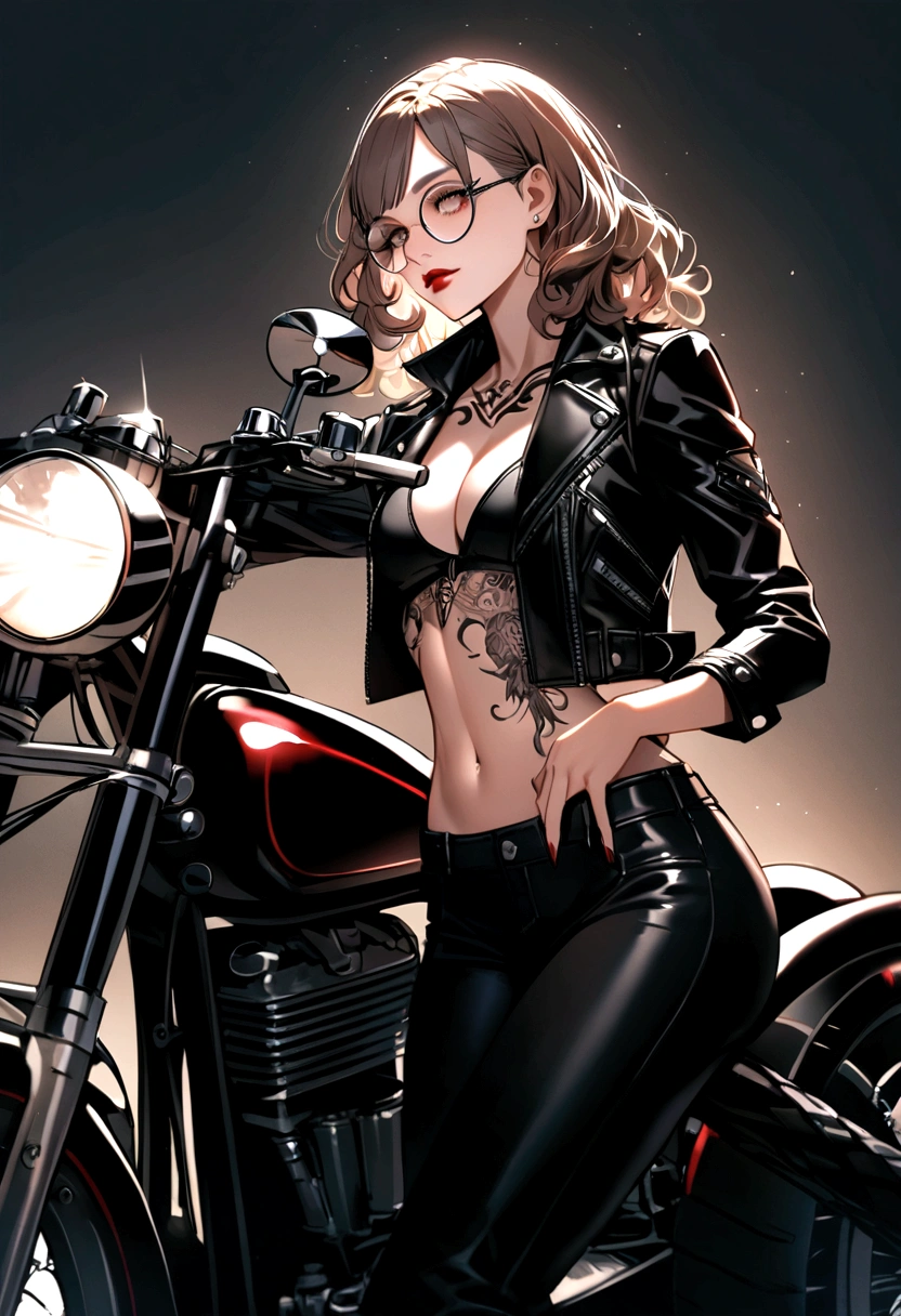 Girl with short wavy hair and bangs wearing round glasses , test light brunette with red lips, biker jacket, top and tattoo on abdomen with black flared pants on chopper motorcycle