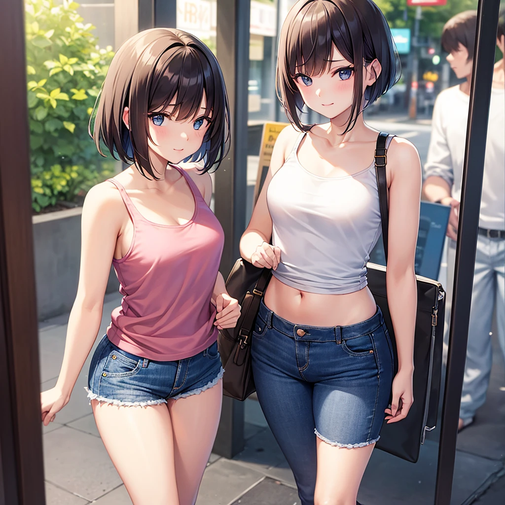 8K high quality,1 pretty girl,Tank top,jeans,Short Bob,Small breasts,Tokyo in Summer,Both hands in my pockets