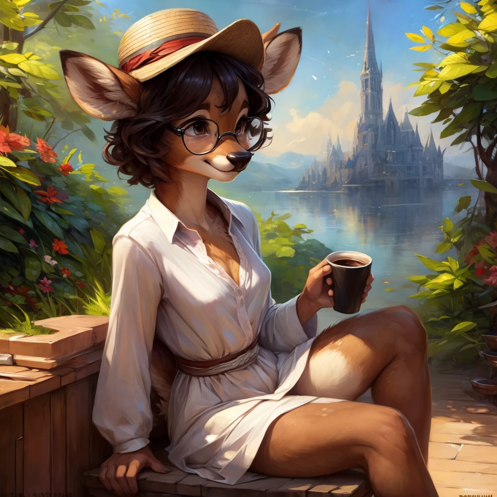 uploaded on e621, by Pixelsketcher, by Bayard Wu, by Thomas Benjamin Kennington , by Einshelm, by hioshiru and kenket, Chunie, portrait, solo anthro female deer doe, tiny featureless breasts, tiny breasts, clear dark blue, cinematic lighting, day, sunny day, sitting outside at a café, café background, french background, old french background, shiny, short curly dark brown hair, short hair, wears big black nerd glasses, very very beautiful furry art, furry art, thoughtful, shiny, feminine, cute face, muzzle, fluffy chest, flawless face, Fallow deer, 1girl, Sakimichan is beautiful, Masterpiece, Wavethesallow Face, shiny, Detailed image, portrait, Detailed image, portrait, wears pure white wide, big blouse, wears beige summer straw hat, shiny, realistic face, perfect anatomy, hourglass body, anthropomorphic deer, happy, very happy, small ears, huge black nerd glasses, wide happy eyes, look at viewer, smiles, big smile, holds with both hands a cup of coffee, hourglass body, (furry body:1.1), anthropomorphic deer, small fluffy tail, detailed background, (cute anatomy:1.1), looks into the distance