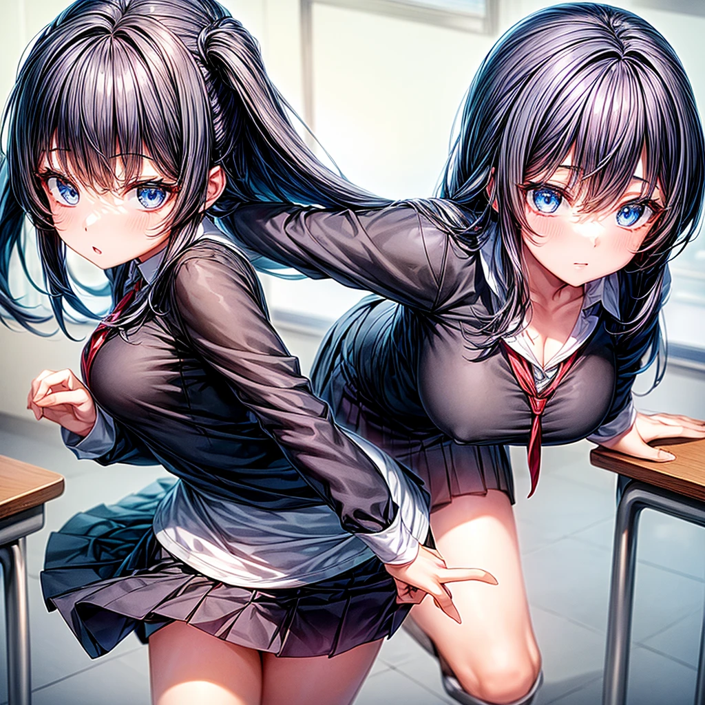 A girl in a skirt with blue eyes and black hair in the classroom 1.5