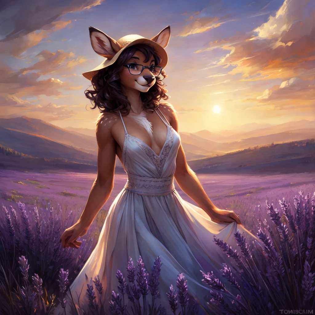 uploaded on e621, by Pixelsketcher, by Bayard Wu, by Thomas Benjamin Kennington , by Einshelm, by hioshiru and kenket, Chunie, portrait, solo anthro female deer doe, with small featureless breasts, clear dark blue, cinematic lighting, day, sunny day, lavender field, stays in a lavender field, lavender field background, mediterranean background, horizon background, shiny, short curly dark brown hair, wears big black nerd glasses, very very beautiful furry art, furry art, smiling, joyful, shiny, happy, feminine, cute face, muzzle, fluffy chest, flawless face, Fallow deer, 1girl, Sakimichan is beautiful, Masterpiece, Wavethesallow Face, shiny, Detailed image, portrait, Detailed image, portrait, full body, wearing pure white and wide spaghetti straps dress, wearing big and wide beige summer straw hat, shiny, realistic face, perfect anatomy, hourglass body, (furry body:1.1), anthropomorphic deer, looks at the viewer, small fluffy tail, detailed background, (cute anatomy:1.1), stands in a lavender field
