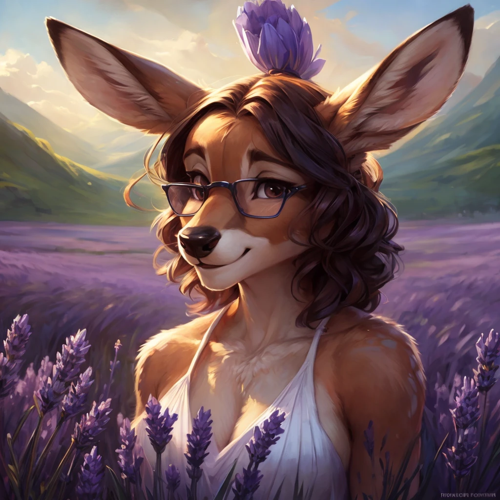 uploaded on e621, by Pixelsketcher, by Bayard Wu, by Thomas Benjamin Kennington , by Einshelm, by hioshiru and kenket, Chunie, portrait, solo anthro female deer doe, with small featureless breasts, clear dark blue, cinematic lighting, day, sunny day, lavender field, stays in a lavender field, lavender field background, mediterranean background, horizon background, shiny, short curly dark brown hair, wears big black nerd glasses, very very beautiful furry art, furry art, smiling, joyful, shiny, happy, feminine, cute face, muzzle, fluffy chest, flawless face, Fallow deer, 1girl, Sakimichan is beautiful, Masterpiece, Wavethesallow Face, shiny, Detailed image, portrait, Detailed image, portrait, full body, wearing pure white and wide spaghetti straps dress, wearing big and wide beige summer straw hat, shiny, realistic face, perfect anatomy, hourglass body, (furry body:1.1), anthropomorphic deer, looks at the viewer, small fluffy tail, detailed background, (cute anatomy:1.1), stands in a lavender field