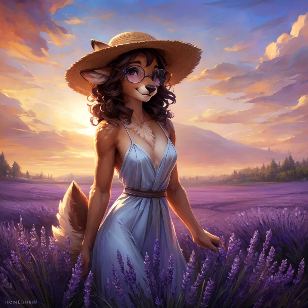 uploaded on e621, by Pixelsketcher, by Bayard Wu, by Thomas Benjamin Kennington , by Einshelm, by hioshiru and kenket, Chunie, portrait, solo anthro female deer doe, with small featureless breasts, clear dark blue, cinematic lighting, day, sunny day, lavender field, stays in a lavender field, lavender field background, mediterranean background, horizon background, shiny, short curly dark brown hair, wears big black nerd glasses, very very beautiful furry art, furry art, smiling, joyful, shiny, happy, feminine, cute face, muzzle, fluffy chest, flawless face, Fallow deer, 1girl, Sakimichan is beautiful, Masterpiece, Wavethesallow Face, shiny, Detailed image, portrait, Detailed image, portrait, full body, wearing pure white and wide spaghetti straps dress, wearing big and wide beige summer straw hat, shiny, realistic face, perfect anatomy, hourglass body, (furry body:1.1), anthropomorphic deer, looks at the viewer, small fluffy tail, detailed background, (cute anatomy:1.1), stands in a lavender field
