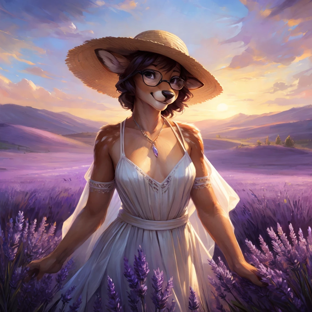 uploaded on e621, by Pixelsketcher, by Bayard Wu, by Thomas Benjamin Kennington , by Einshelm, by hioshiru and kenket, Chunie, portrait, solo anthro female deer doe, with small featureless breasts, clear dark blue, cinematic lighting, day, sunny day, lavender field, stays in a lavender field, lavender field background, mediterranean background, horizon background, shiny, short curly dark brown hair, wears big black nerd glasses, very very beautiful furry art, furry art, smiling, joyful, shiny, happy, feminine, cute face, muzzle, fluffy chest, flawless face, Fallow deer, 1girl, Sakimichan is beautiful, Masterpiece, Wavethesallow Face, shiny, Detailed image, portrait, Detailed image, portrait, full body, wearing pure white and wide spaghetti straps dress, wearing big and wide beige summer straw hat, shiny, realistic face, perfect anatomy, hourglass body, (furry body:1.1), anthropomorphic deer, looks at the viewer, small fluffy tail, detailed background, (cute anatomy:1.1), stands in a lavender field