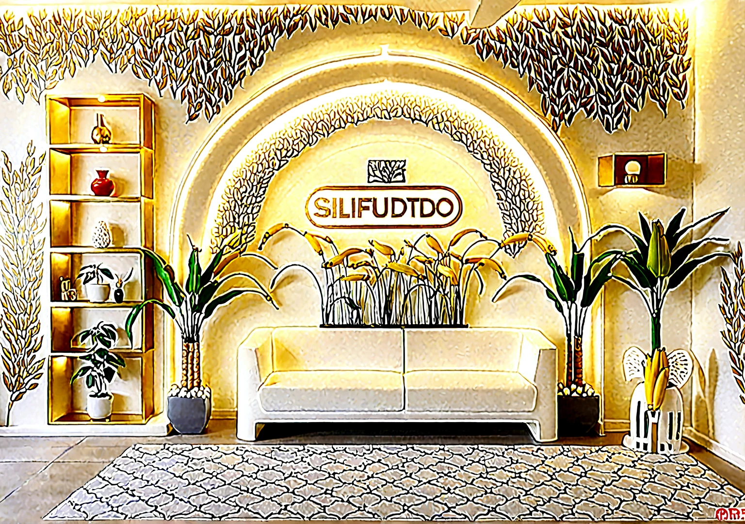 Create a stylish and simple living room,There is an arch-shaped decorative light surround on the white wall,There are golden ears of wheat inside,There is a banana tree on the right.,There are 6 shelves on the left side,There is perfume on the shelf,Potted plants,Night Light。The room should combine the texture of plasterboard and wallpaper,To present a stylish and exquisite appearance,Bright lights in the room,Soft light, Make the space feel open and bright. Incorporate simple decorative elements,Enhance modern aesthetic.Front view,Head-up,Super Detail,High-definition photography