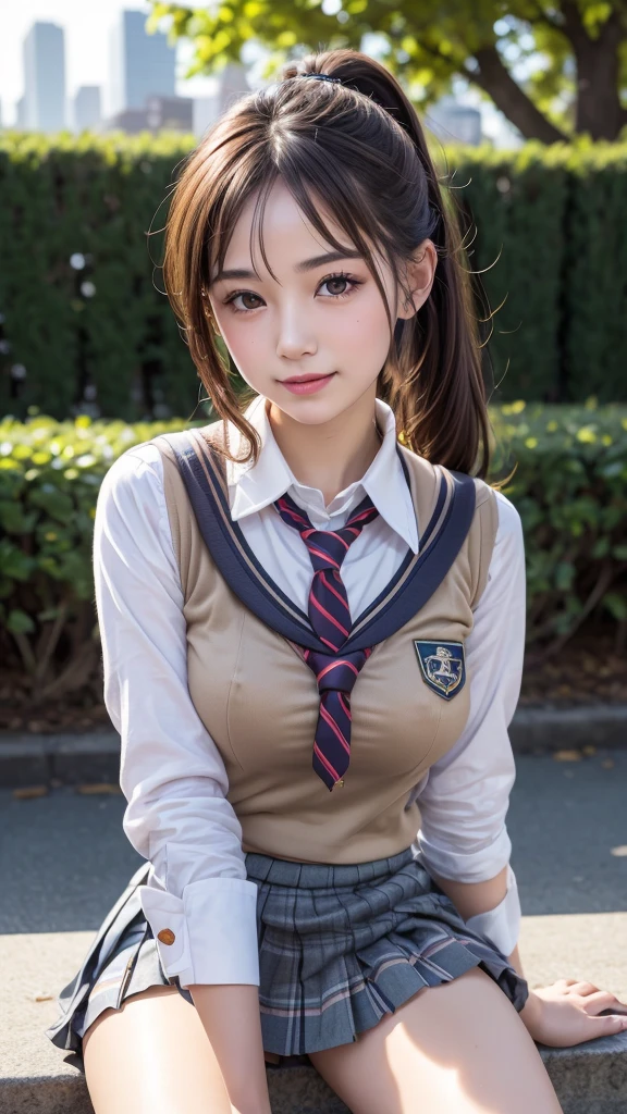 ponytail, 1girl, extremely cute face, Amazing face and eyes, (highly detailed eyes, highly detailed face), (hyper-realistic, hight resolution), (best Quality:1.4), Raw photo, (Realistic, Photorealsitic:1.37), Professional Photography, Cinematic Light, (lace bra:1.25), (amazing breasts:0.8), (school uniform, pleated mini skirt:1.5), (school uniform with open breasts), Smile slightly, Sitting, spread your legs wide open, Staring at me, outdoor, city, skyscraper,