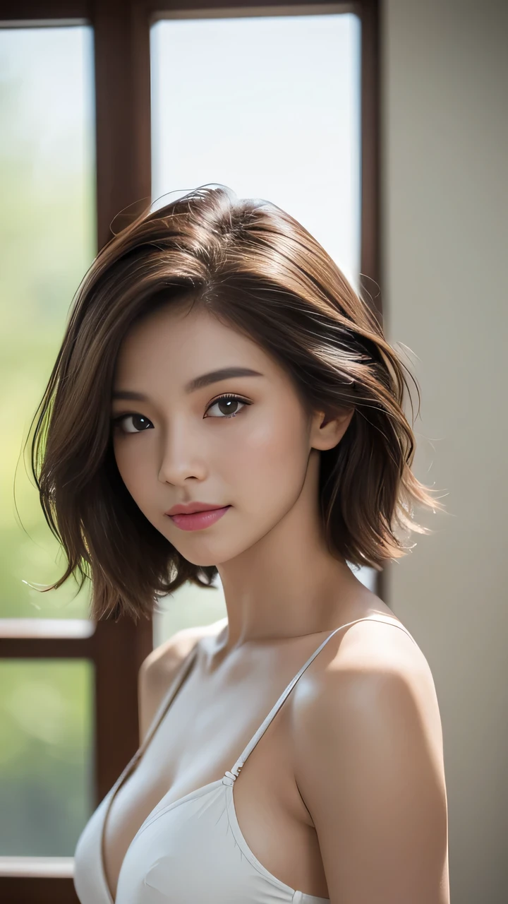27 year old brown-haired woman、Bikini sheer underwear with small white areas、goddess、bloom、lens flare、(8K、Raw、professional、best quality、masterpiece:1.2)、(realism、Reality:1.37)、Ultra Detailed、(25mm Portrait Front View)、(highest detailed skin:1.2)、(Extremely detailed face:1.2)、light、1 female、Japanese、Short brown hair、(windy)、Warm white light in the room、Awkward smile、Shooting from the front、((best quality、8K、masterpiece:1.3))、Beautiful Women in Perfect Shape:1.4、Slim abdominal muscles:1.3、((Dark brown hair、big:1.2))、Highly detailed face and skin texture、Delicate eyes、Double eyelids、