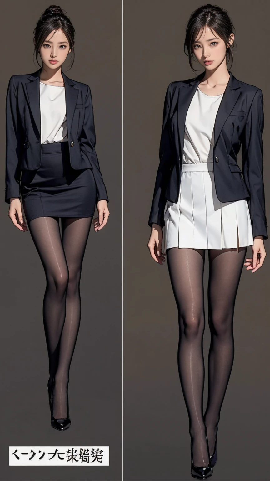((masterpiece)),(((Highest quality))),((Character design sheet)),Thin thighs,Long legs,Wearing a black jacket and white shirt、Wearing a super mini skirt,wear black tights,White panties exposed:1.5,Japanese women leaving the nest,Emi with long black hair:1.3), (Light brown hair:1.3), high waist,Wear black high heels,background is gray,whole body