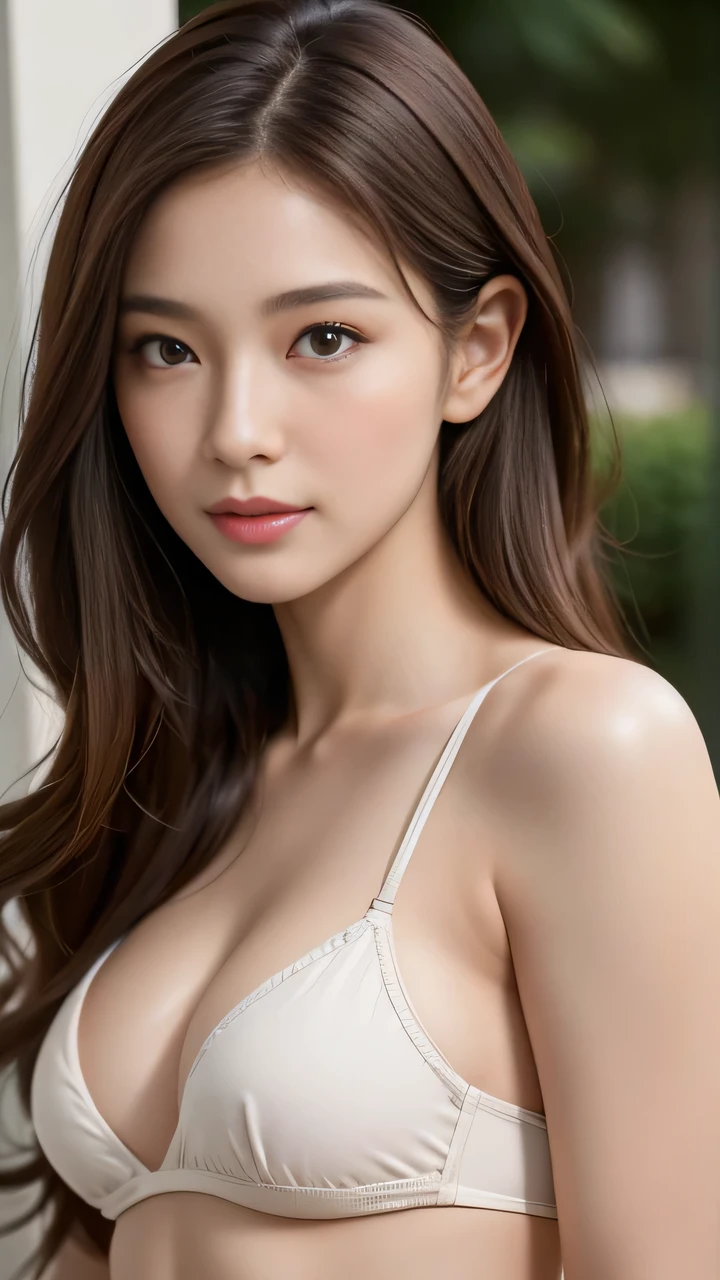  27 year old brown-haired woman、Bikini sheer underwear with small white areas、goddess、bloom、lens flare、(8K、Raw、professional、best quality、masterpiece:1.2)、(realism、Reality:1.37)、Ultra Detailed、(25mm Portrait Front View)、(highest detailed skin:1.2)、(Extremely detailed face:1.2)、light、1 female、Japanese、Short brown hair、(windy)、Warm white light in the room、Awkward smile、Shooting from the front、((best quality、8K、masterpiece:1.3))、Beautiful Women in Perfect Shape:1.4、Slim abdominal muscles:1.3、((Dark brown hair、big:1.2))、Highly detailed face and skin texture、Delicate eyes、Double eyelids、