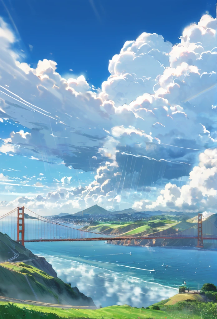 an instagram photo of clouds and the golden gate bridge in San Francisco, California, anime clouds, beautifull puffy clouds. anime, beautiful anime scenery, anime landscape, anime scenery, anime landscape wallpaper, anime sky, hyper realistic clouds, by makoto shinkai, by Makoto Shinkai, beautiful anime scene, beautiful anime artwork, in style of makoto shinkai, beautiful anime art, anime background art, ( ( makoto shinkai ) ), giant clouds, clean anime art, anime scenery concept art, ross tran. scenic background