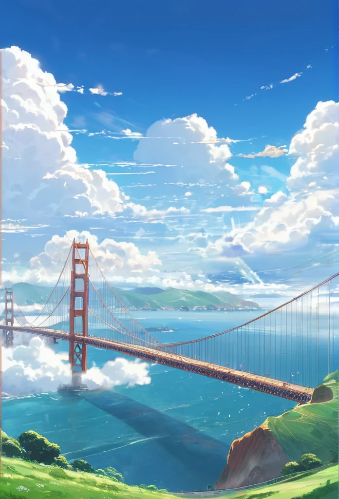 an instagram photo of clouds and the golden gate bridge in San Francisco, California, anime clouds, beautifull puffy clouds. anime, beautiful anime scenery, anime landscape, anime scenery, anime landscape wallpaper, anime sky, hyper realistic clouds, by makoto shinkai, by Makoto Shinkai, beautiful anime scene, beautiful anime artwork, in style of makoto shinkai, beautiful anime art, anime background art, ( ( makoto shinkai ) ), giant clouds, clean anime art, anime scenery concept art, ross tran. scenic background