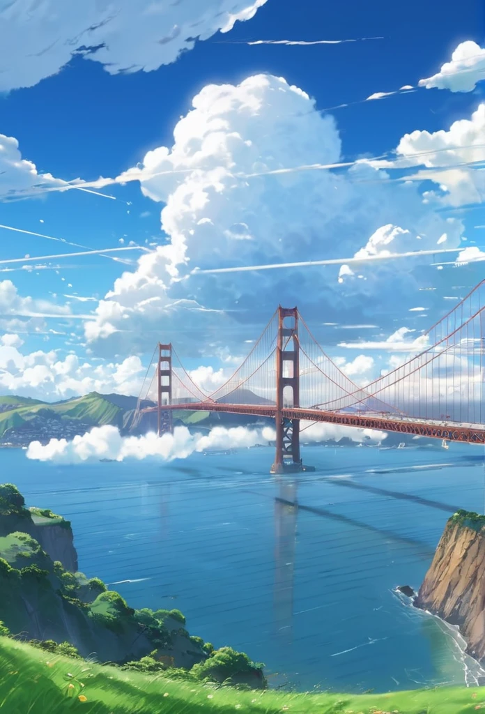 an instagram photo of clouds and the golden gate bridge in San Francisco, California, anime clouds, beautifull puffy clouds. anime, beautiful anime scenery, anime landscape, anime scenery, anime landscape wallpaper, anime sky, hyper realistic clouds, by makoto shinkai, by Makoto Shinkai, beautiful anime scene, beautiful anime artwork, in style of makoto shinkai, beautiful anime art, anime background art, ( ( makoto shinkai ) ), giant clouds, clean anime art, anime scenery concept art, ross tran. scenic background