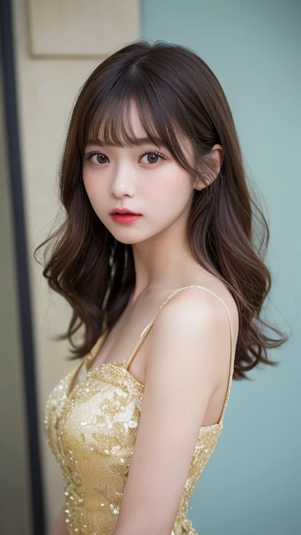 (masterpiece:1.5)、(Realistic:1.5)、(Highest quality:1.4、8K、RAW Photos）、 Ultra-high resolution、Professional Lighting、Perfect dynamic composition、indoor、 Film Grain、chromatic aberration、(Bokeh:1.1)、 Frank、Sophisticated、Charm、Surreal、High detail、Golden Ratio、 (1 Girl)、Slender girl、繊細でCharm女の子、Cute Woman:1.4、 Serious expression、Looking at the audience、 Light brown hair、Shiny Hair、Random Cute Hairstyles、 Realistic looking skin、 Shut your mouth.、Fine grain、double eyelid、Thin arms、 (Wearing a sexy dress of random colors)