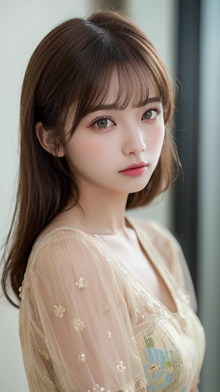 (masterpiece:1.5)、(Realistic:1.5)、(Highest quality:1.4、8K、RAW Photos)、 Ultra-high resolution、Professional Lighting、Perfect dynamic composition、indoor、 Film Grain、chromatic aberration、(Bokeh:1.1)、 Frank、Sophisticated、Charm、Surreal、High detail、Golden Ratio、 (1 Girl)、Slender girl、繊細でCharm女の子、Cute Woman:1.4、 Serious expression、Looking at the audience、 Light brown hair、Shiny Hair、Random Cute Hairstyles、 Realistic looking skin、 Shut your mouth.、Fine grain、double eyelid、Thin arms、 (Wearing a sexy dress of random colors)