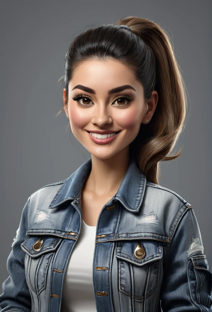 make a caricature image, female, wearing denim jacket, gray background, with sufficient lighting, caricature, 3D, 8D image quality