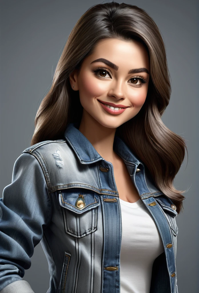 make a caricature image, female, wearing denim jacket, gray background, with sufficient lighting, caricature, 3D, 8D image quality