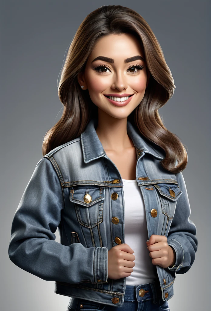 make a caricature image, female, wearing denim jacket, gray background, with sufficient lighting, caricature, 3D, 8D image quality